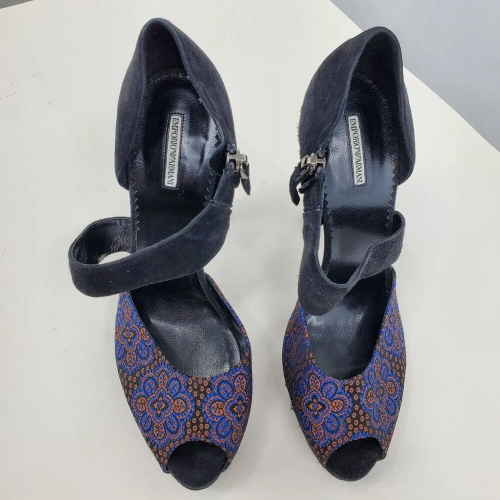 Emporio Armani Platform Suede Heels‎ 40 Black Blue Orange Whimsigoth Fairy Artsy